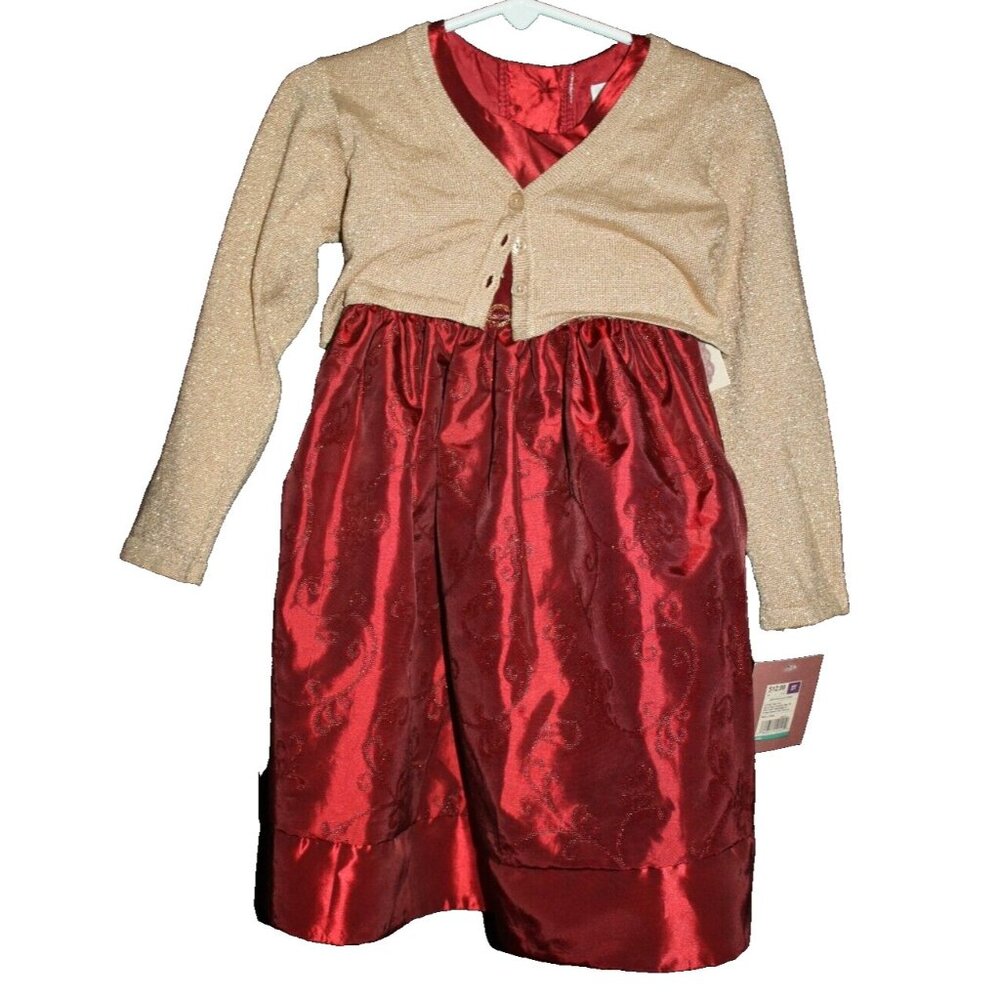 Perfectly Dressed Burgundy & Gold Dress W/ Cardigan Sweater Size 24 Months NEW